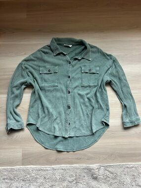 Double Zero Green Waffle Knit Button Down Shirt Small
